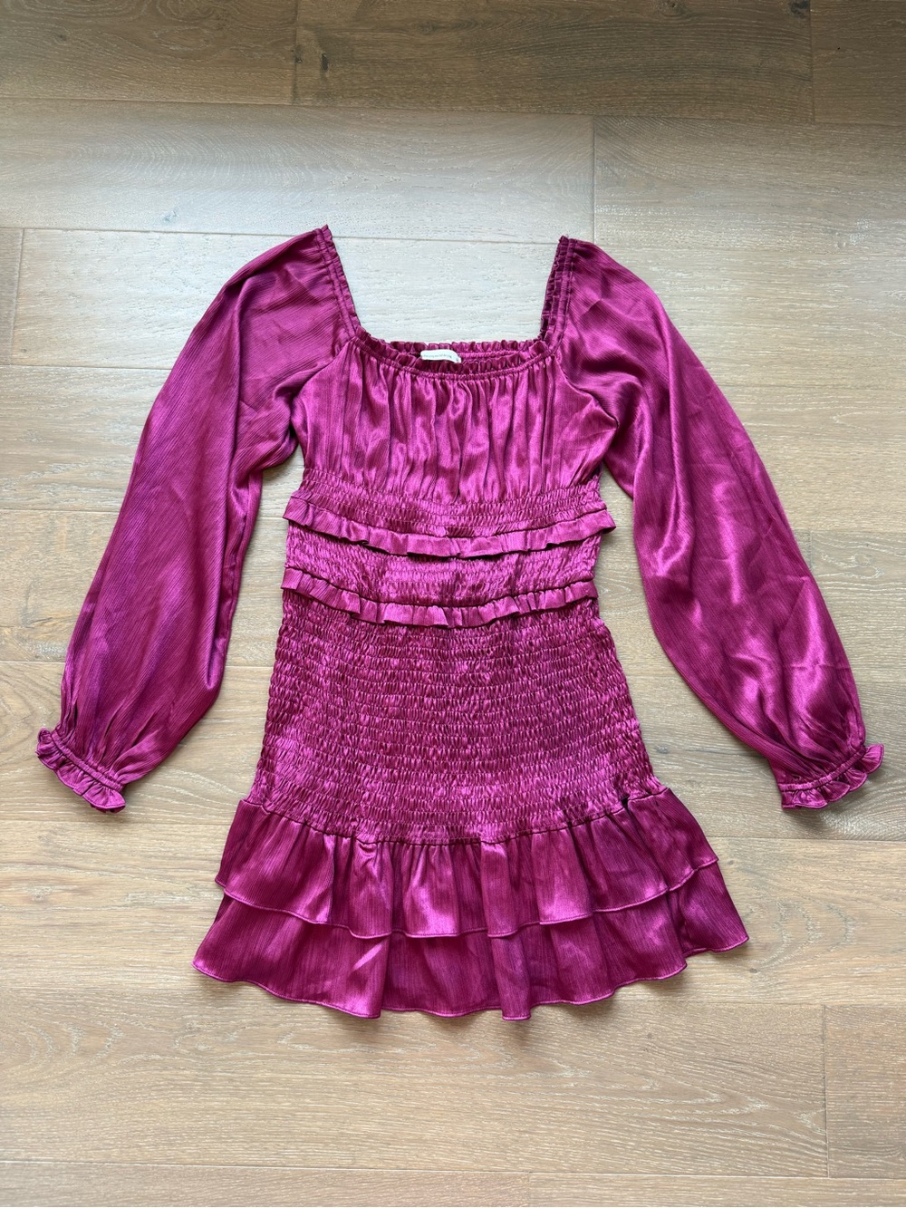 The Impeccable Pig Magenta Smocked Satin Ruffle Mini Dress Size M